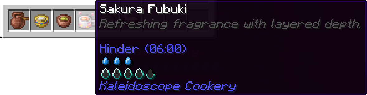 Kaleidoscope Cookery teas in the hotbar, with the Sakura Fubuki tooltip showing its thirst and quenched droplets