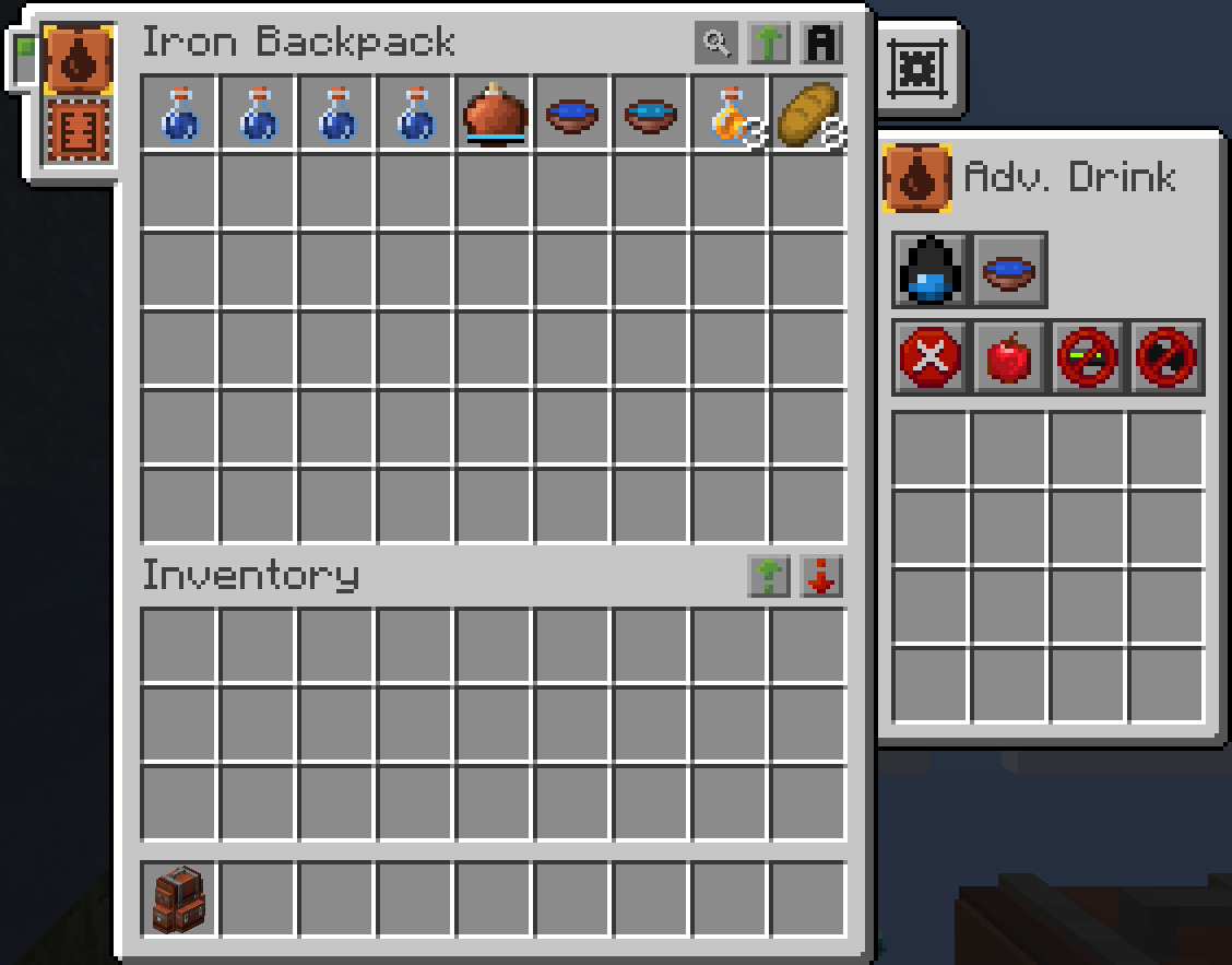 A backpack of water with the Advanced Drinking Upgrade's settings open