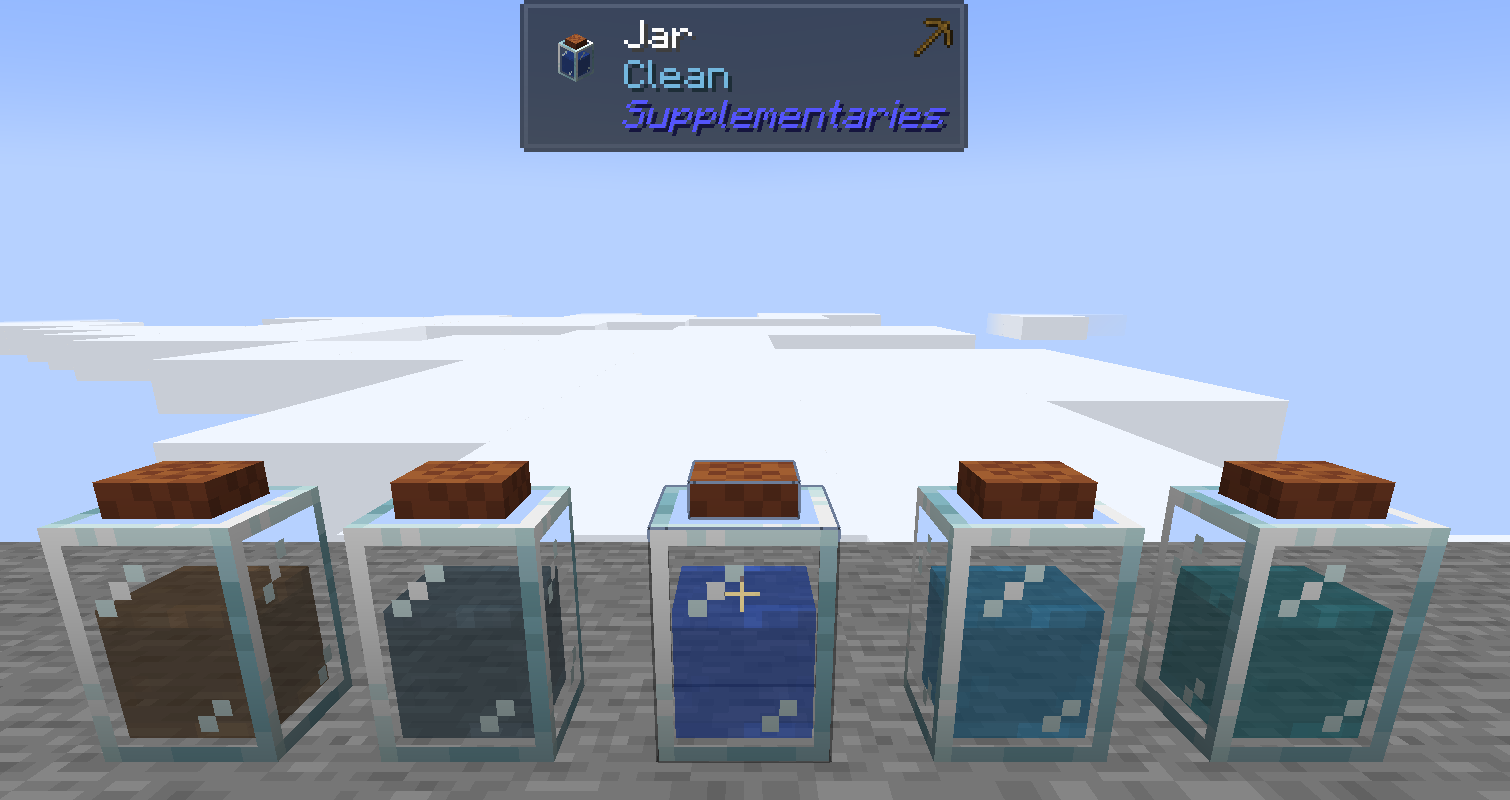 Five jars of water side by side, brown, grey blue, blue, cyan and turquoise, with Jade naming the middle one Clean