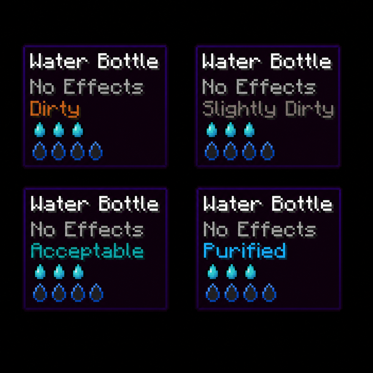 Four water-purity levels shown in item tooltips
