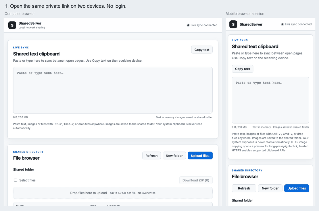 Two browser sessions sharing text and uploading a file
