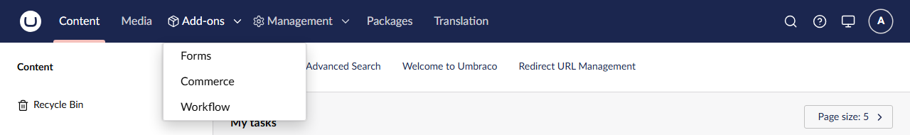 Add-ons dropdown open