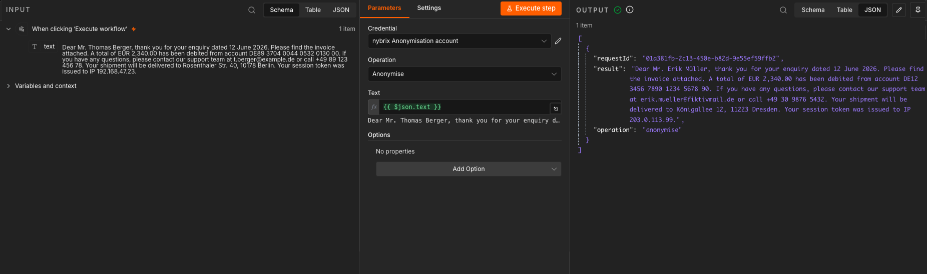 nybrix Anonymisation node — anonymise operation with output