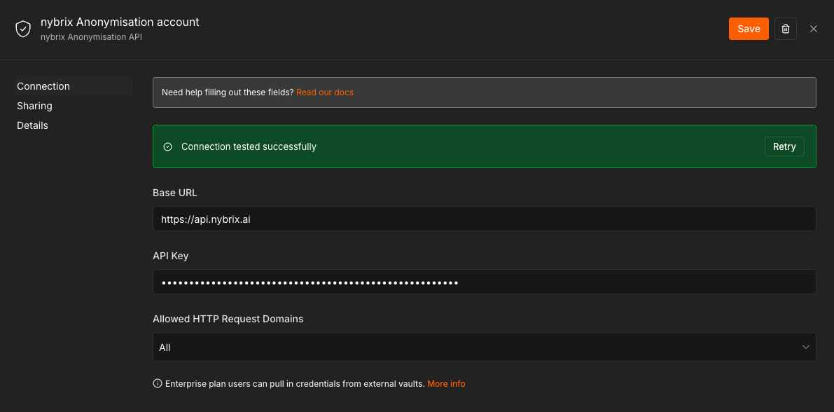 nybrix Anonymisation API credential — connection tested successfully