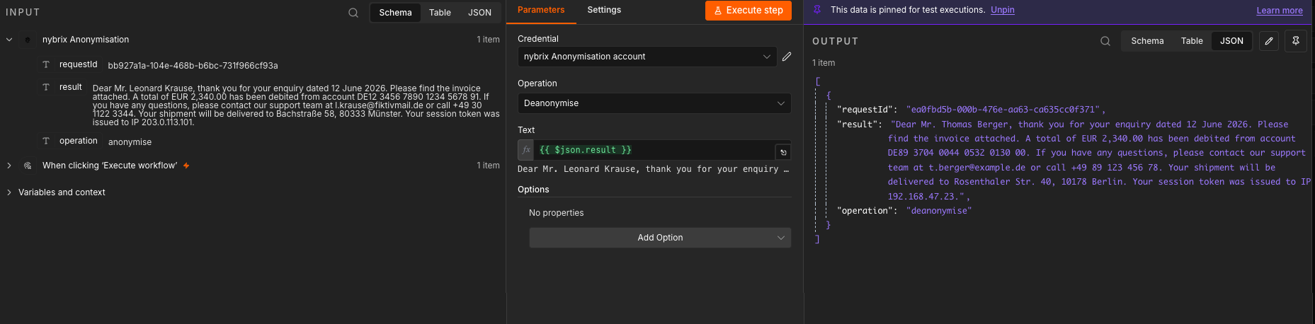 nybrix Anonymisation node — deanonymise restoring original text