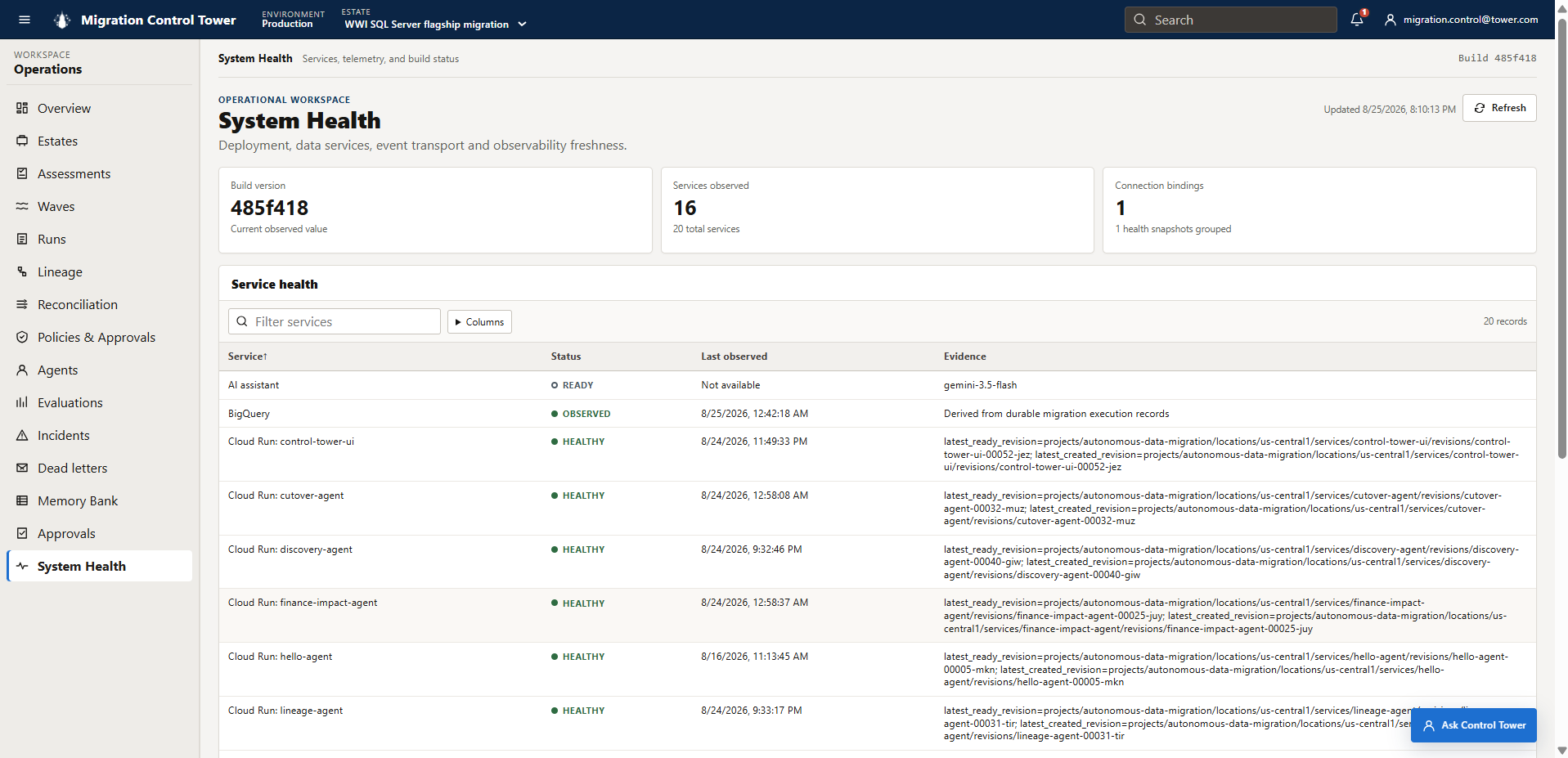 System Health exposes service readiness, telemetry freshness, model availability, storage, and queue evidence