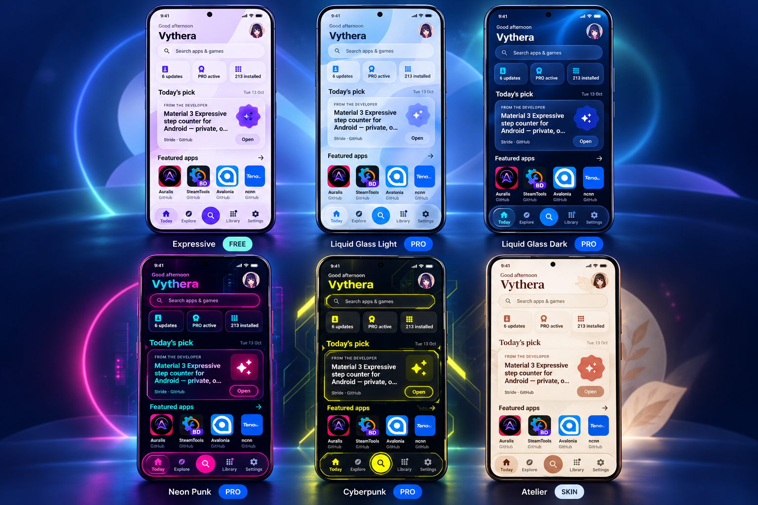 Themes: Expressive (free), Liquid Glass Light, Liquid Glass Dark, Neon Punk and Cyberpunk (Pro), and the Atelier skin