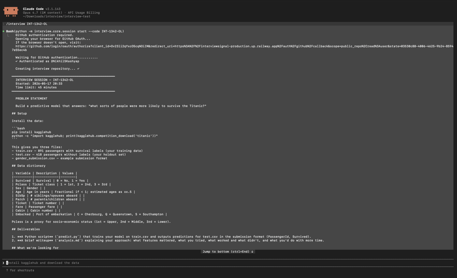 Candidate starts interview session — GitHub OAuth, problem statement appears
