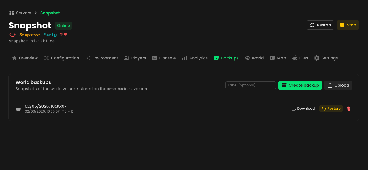 Backups tab — create, upload, download and restore world snapshots