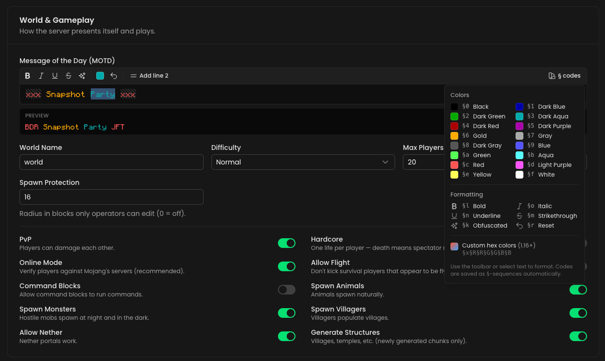 Configuration tab — world & gameplay settings with the MOTD editor and § code picker