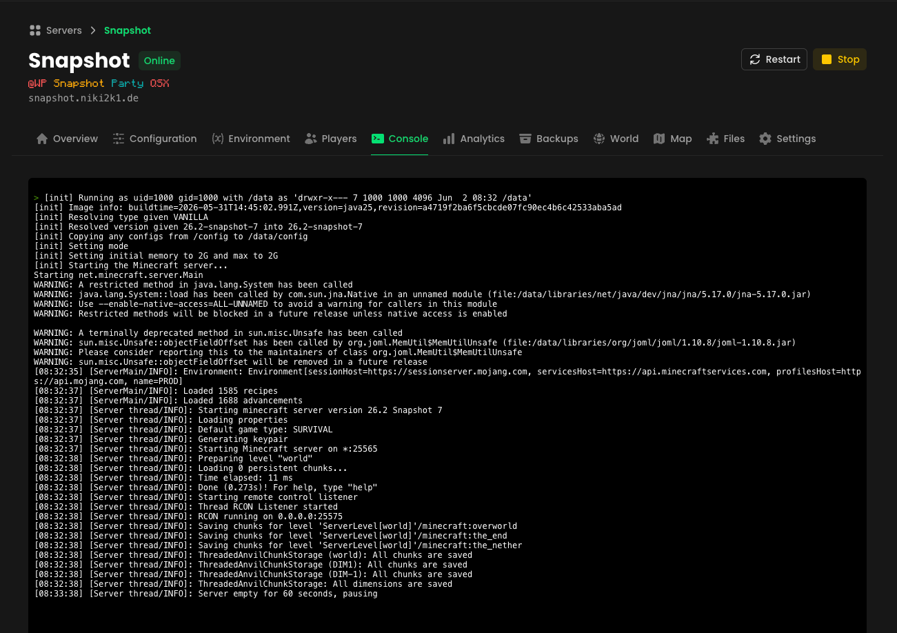 Console tab — live server logs and RCON commands
