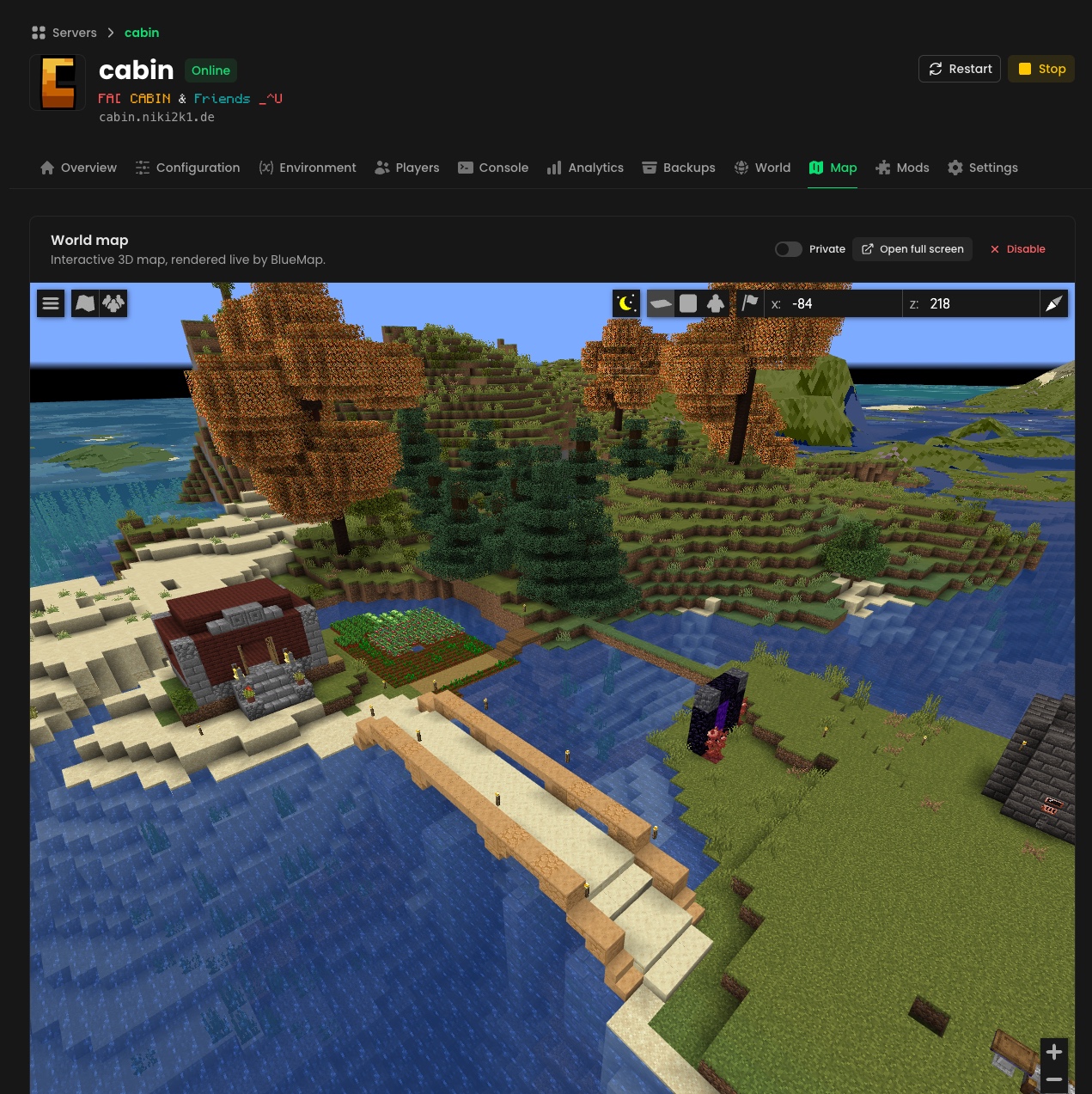 Map tab — interactive BlueMap 3D world map rendered live
