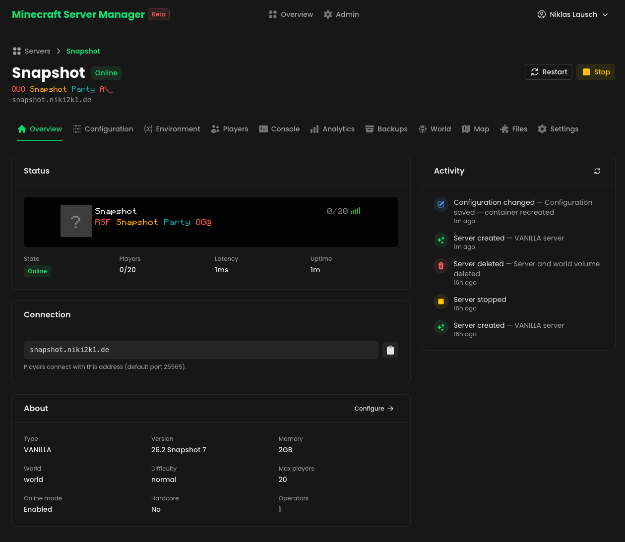 Server overview — live status, connection info, config summary and activity feed