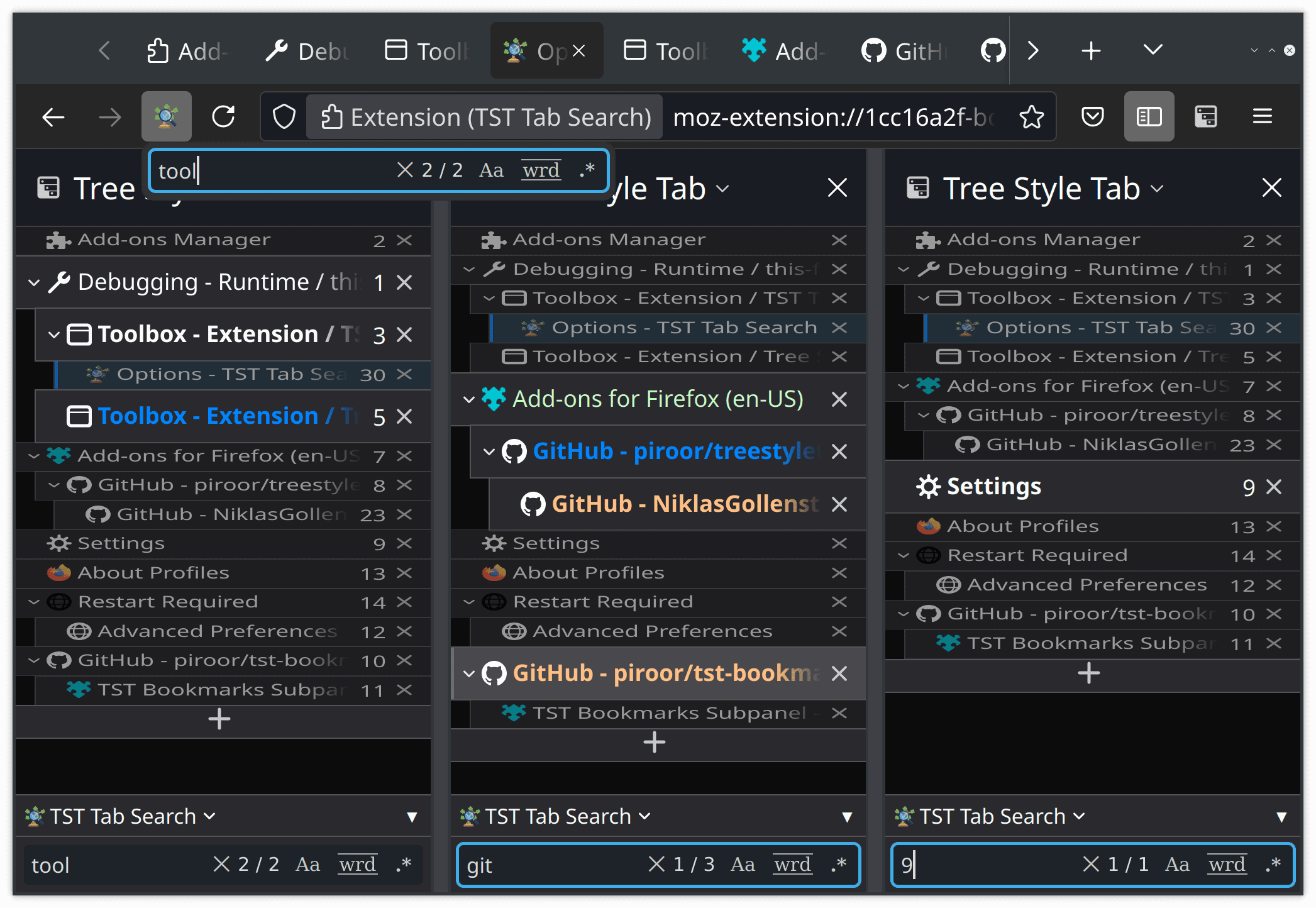 Tab searches with different settings