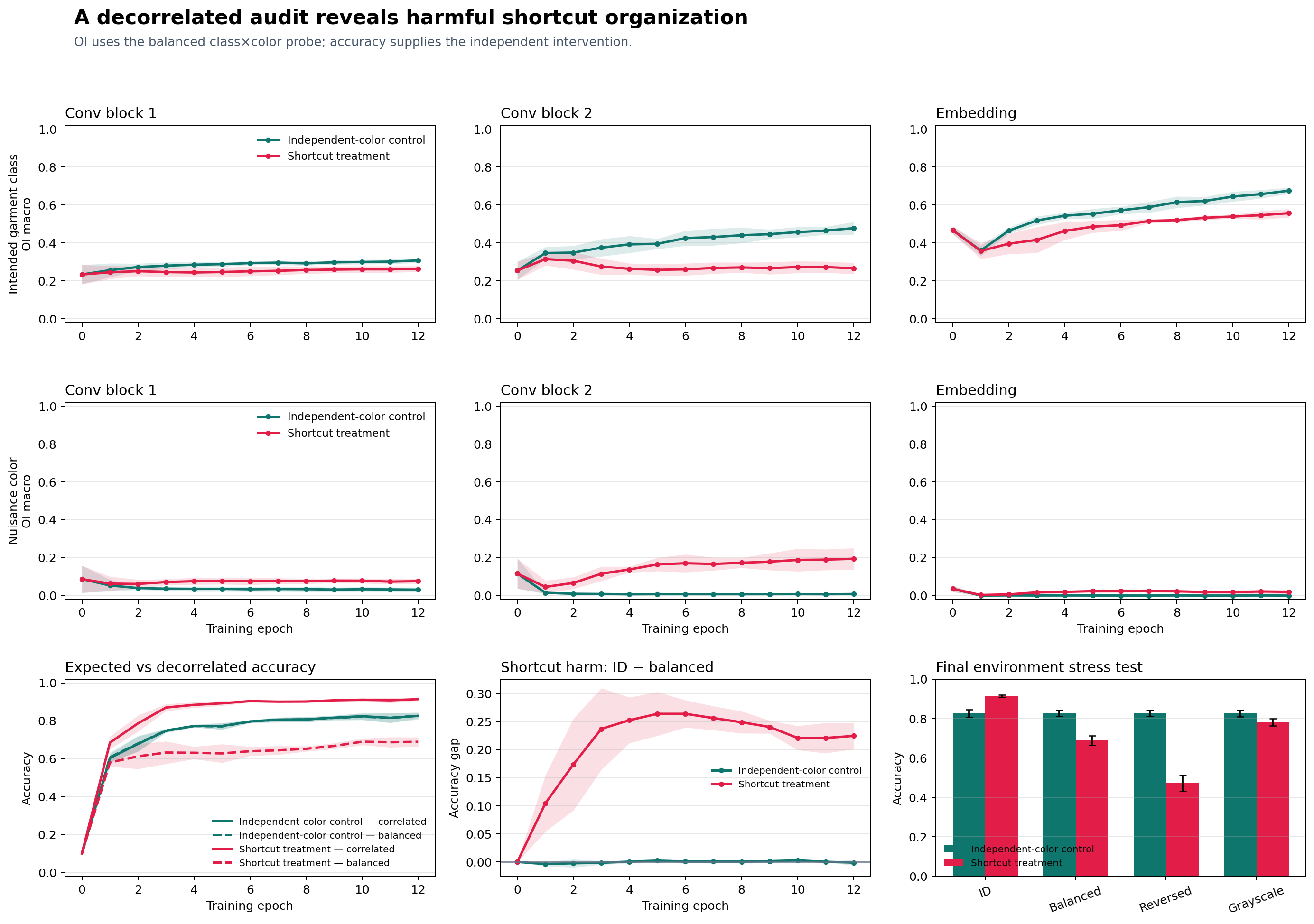 Five-seed colored Fashion-MNIST named-target OI trajectories and counterfactual accuracy