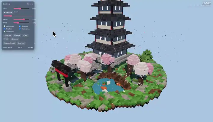A voxel pagoda garden that Strata's model wrote, running in the browser