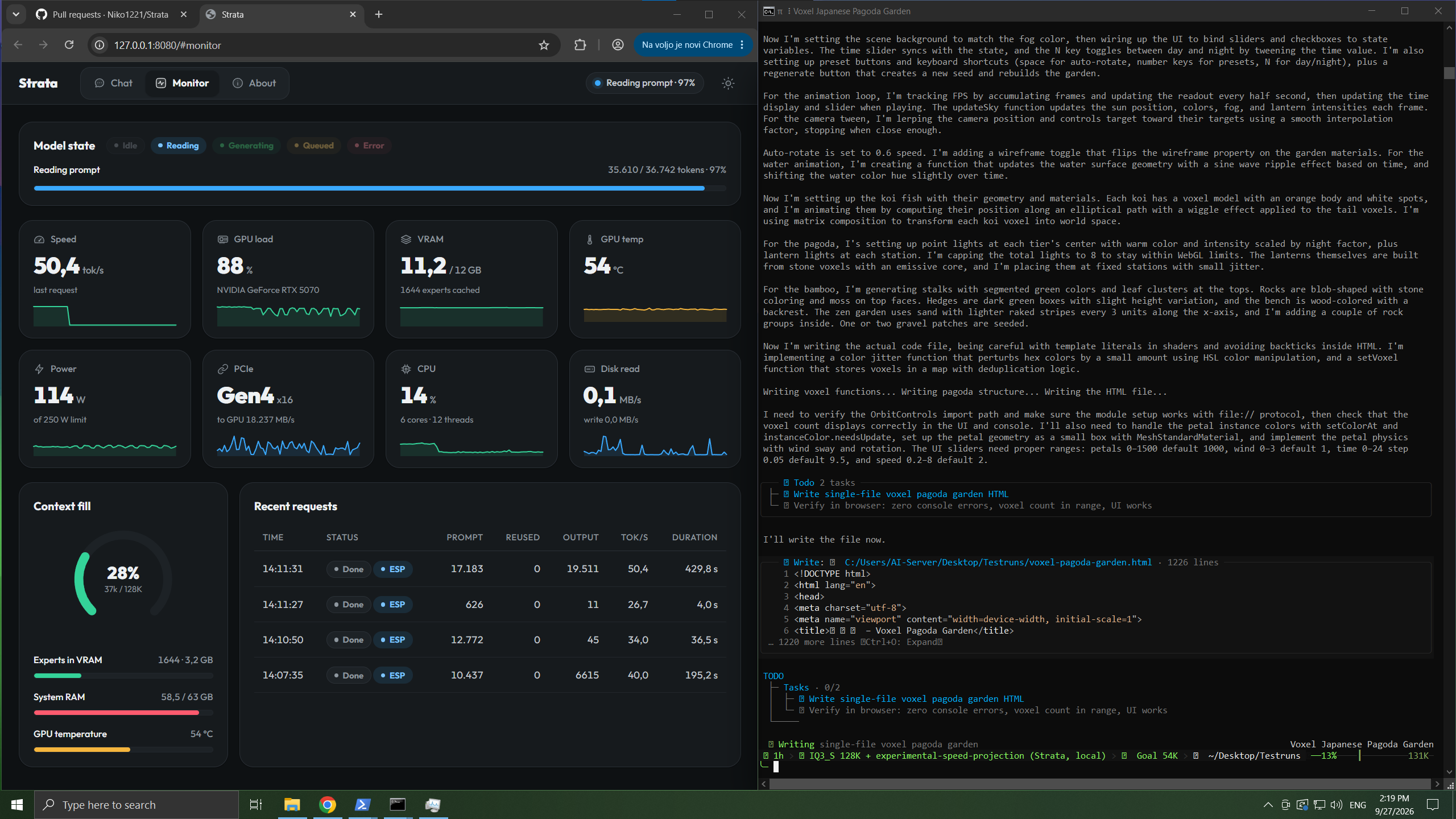 The Strata app's Monitor tab next to a coding agent