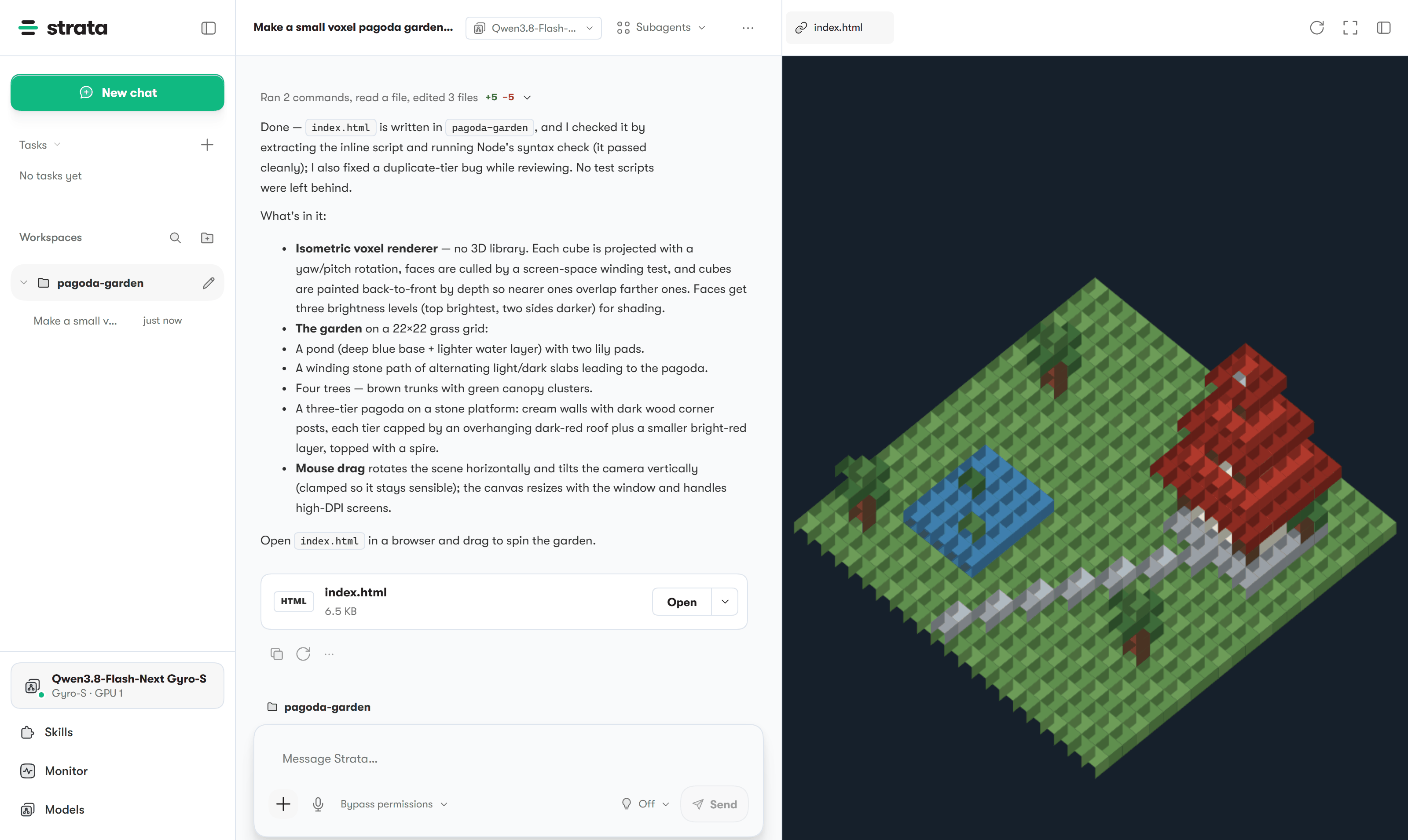 The Strata app: a chat where the agent built a small voxel pagoda garden, with the page open in the preview on the right
