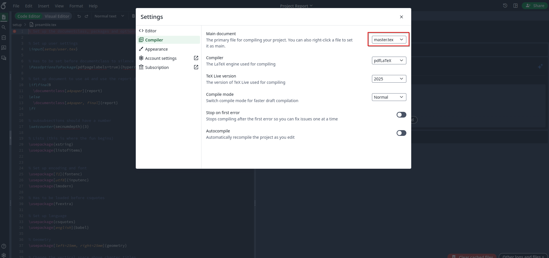 Compiler settings (Overleaf Jan, 2026)