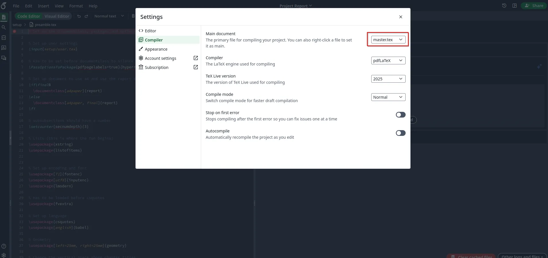 Compiler settings (Overleaf Jan, 2026)