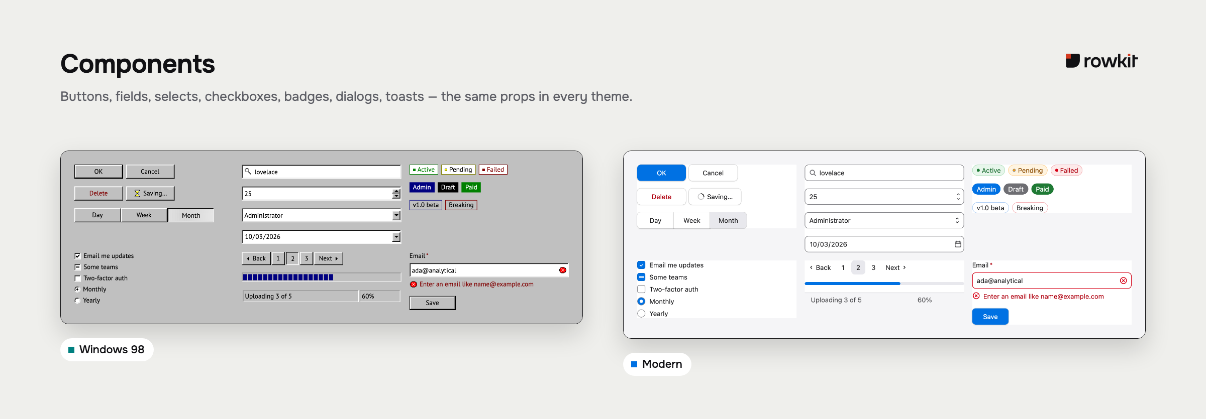 The same components in Windows 98 and the modern theme: buttons and a button group, inputs and a select, badges, checkboxes and radios, pagination with a progress bar and a status bar, and a field with an error