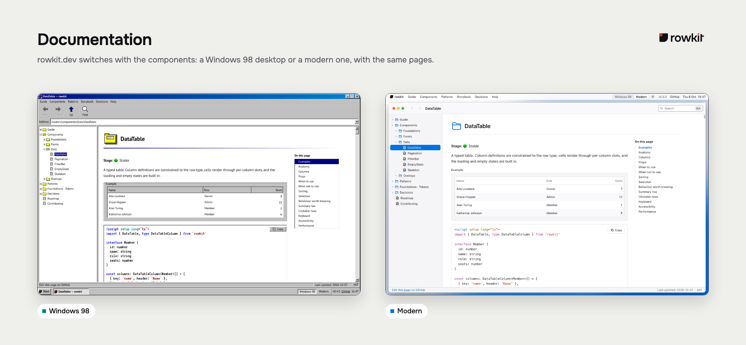 rowkit.dev in Windows 98 and the modern theme: the DataTable page with the folder tree and a live example, as an Explorer window and as a Finder window