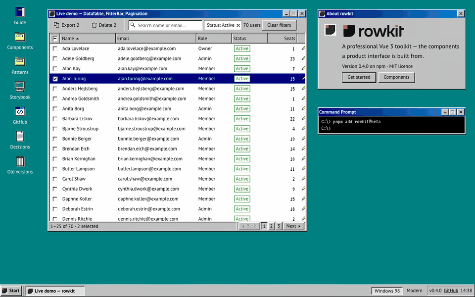 The rowkit.dev desktop switching from Windows 98 to the modern theme, light and then dark: the same Users table, About window and install command in each