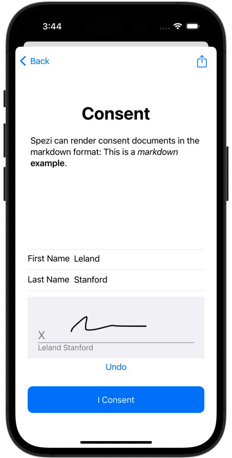 Screenshot displaying the consent view.