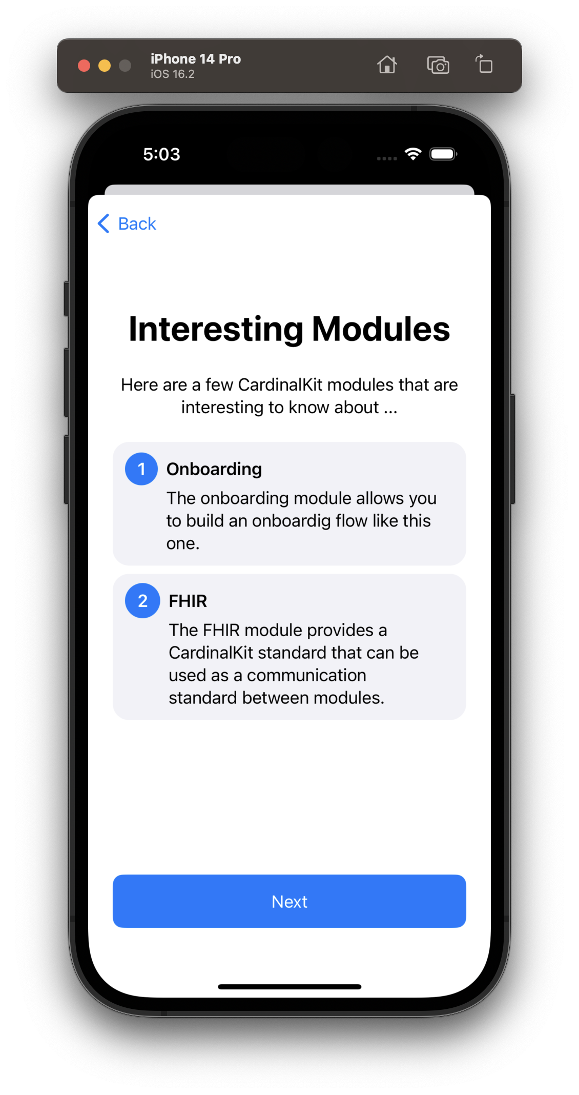 A screen showing an overview of the modules used in the Spezi Template application.