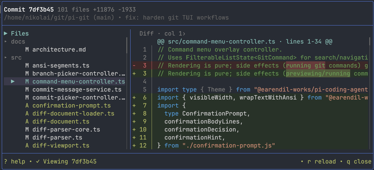 pi-git-tui showing a syntax-highlighted historical diff