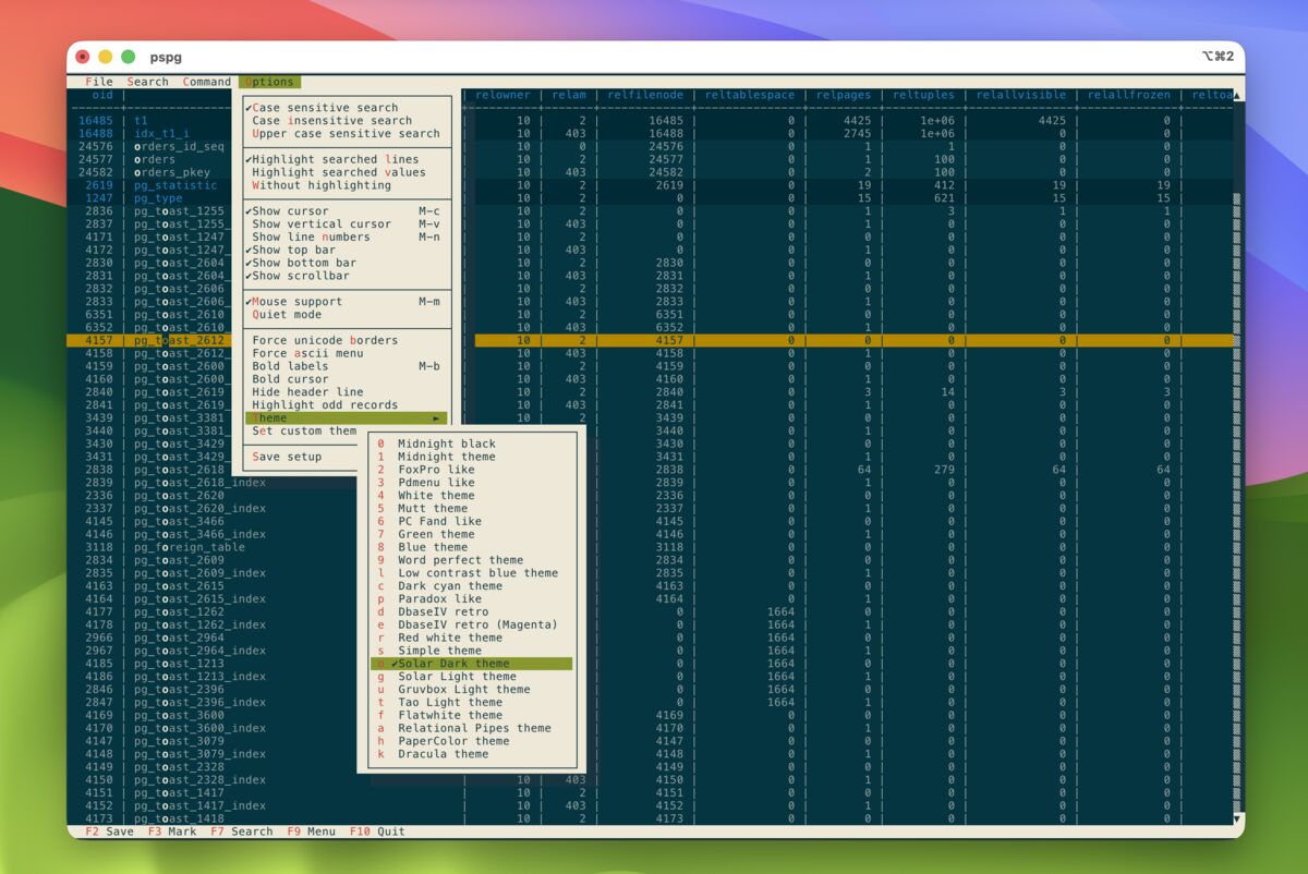 pspg external pager with theme menu