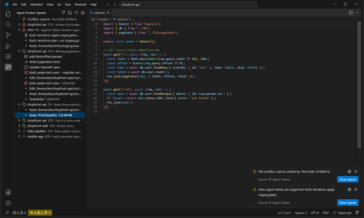 The Agents sidebar: two agents need you, a file conflict, failing tests, and notifications