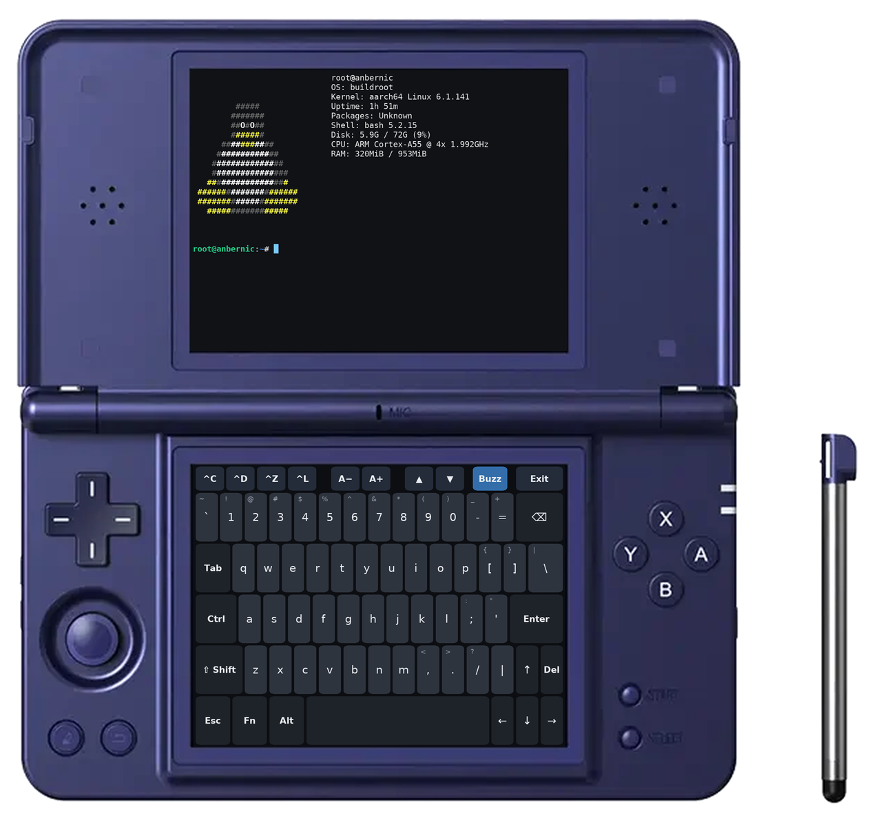 rgds-terminal running screenfetch on the top screen, with the touch keyboard on the bottom screen