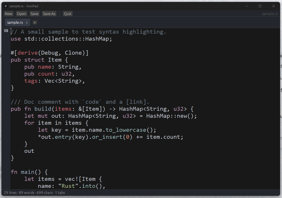 IronPad — modern dark notepad with tabs, line numbers and syntax colors