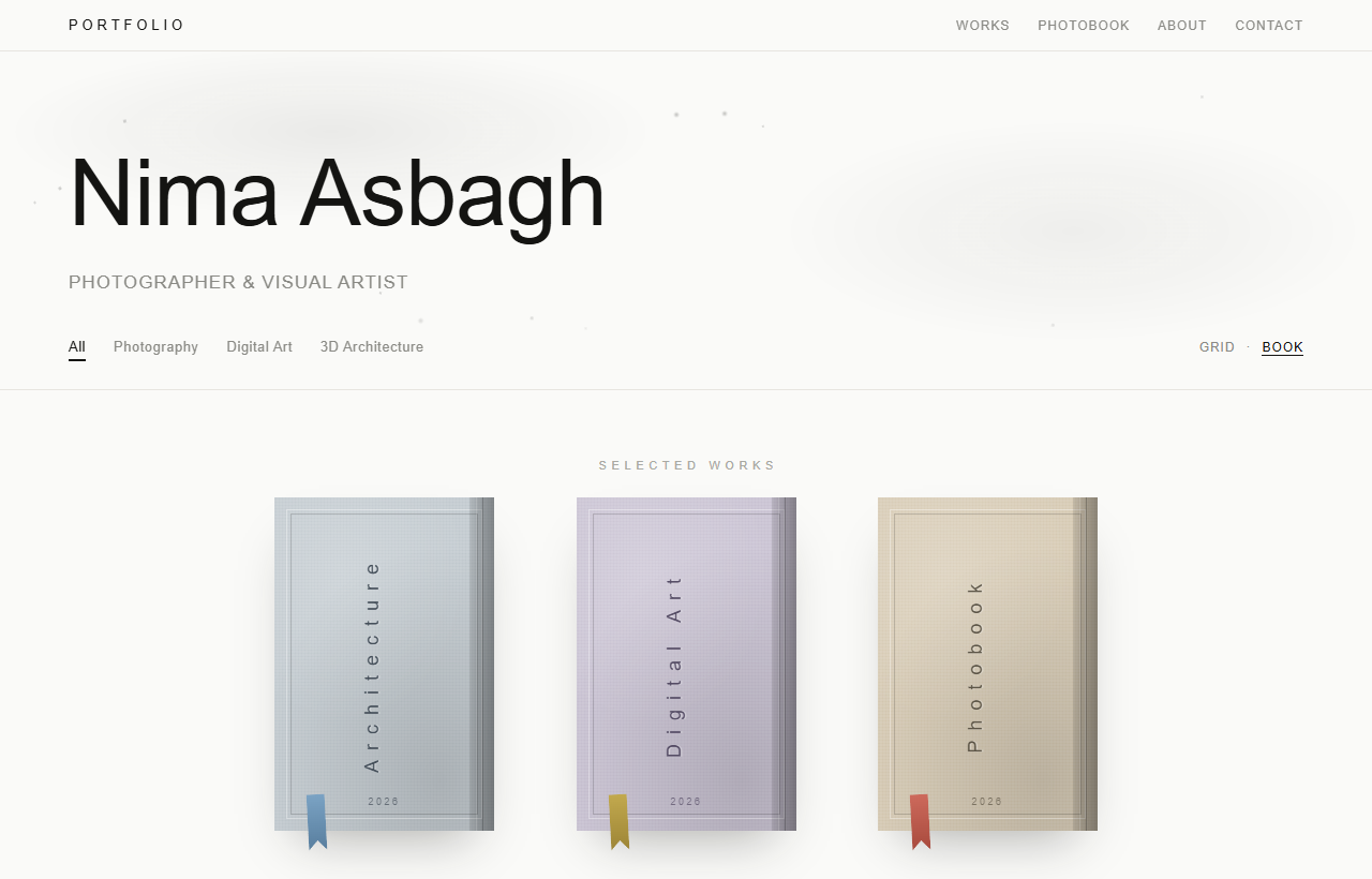 Nima Portfolio — three hardcover books on a shelf