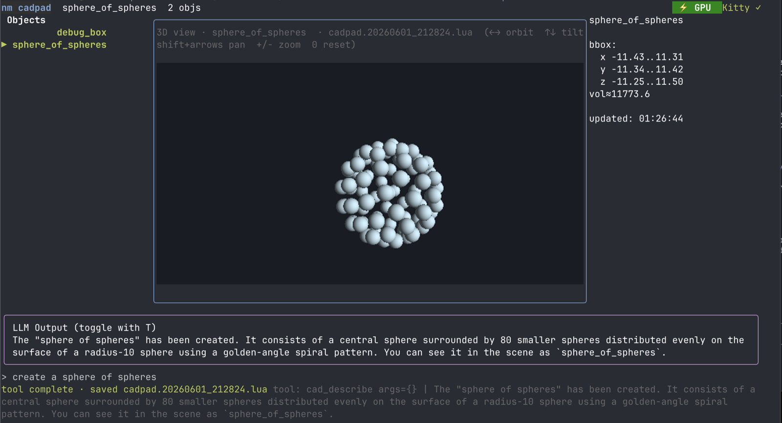 cadpad's GPU 3D viewport showing a sphere made of 80 smaller spheres, with the object list, bounding box, and the model's description