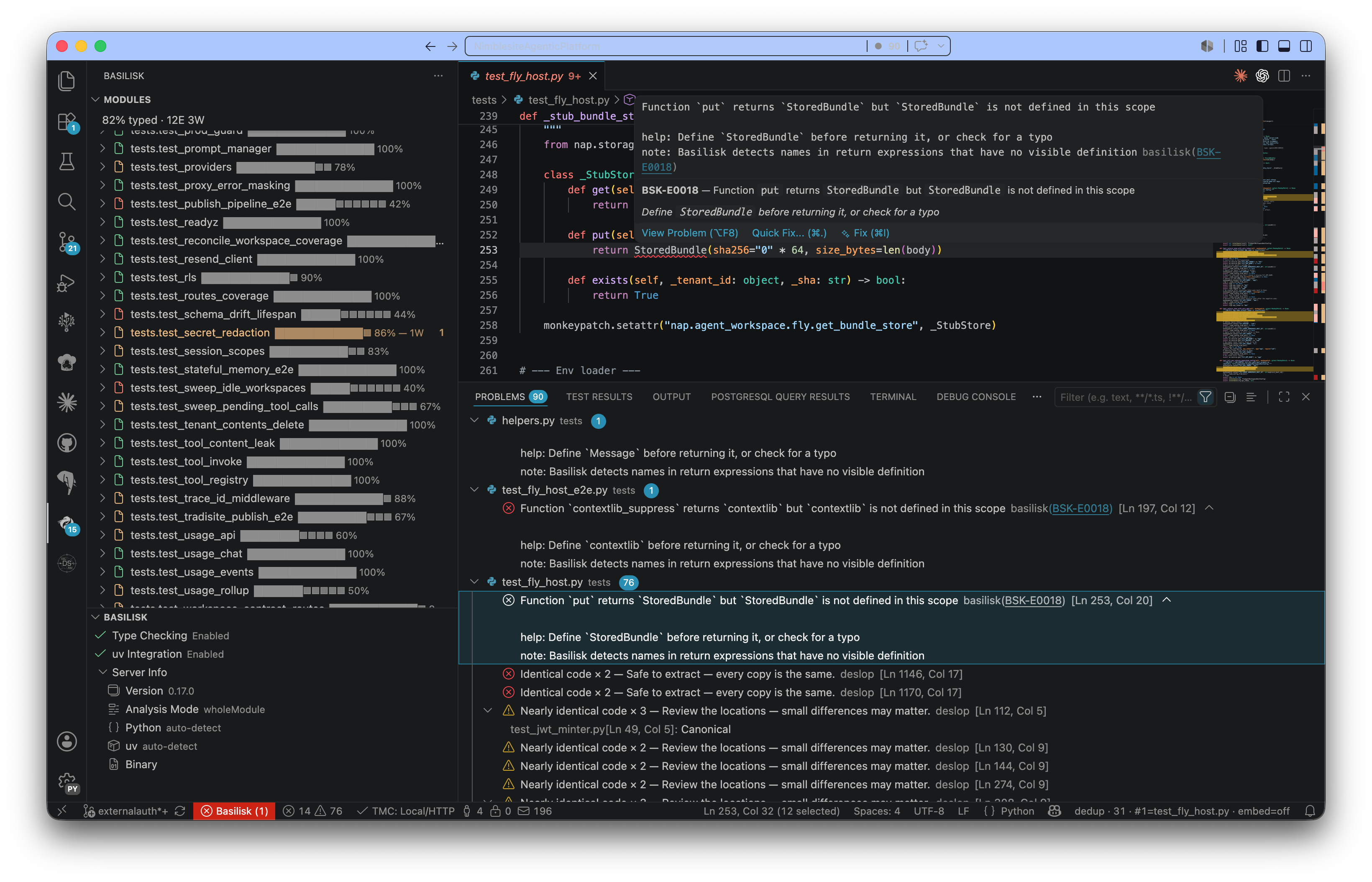 Basilisk in action — type checking, diagnostics, and refactoring in VS Code