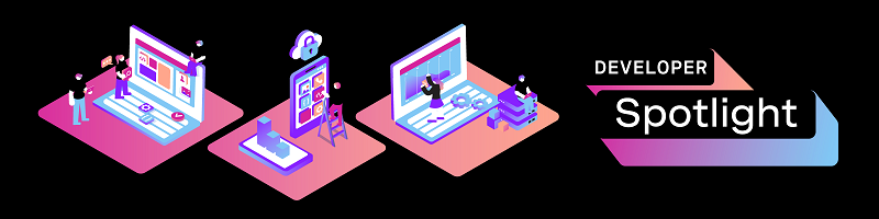 Isometric shapes showing people working on computers with Developer Spotlight logo