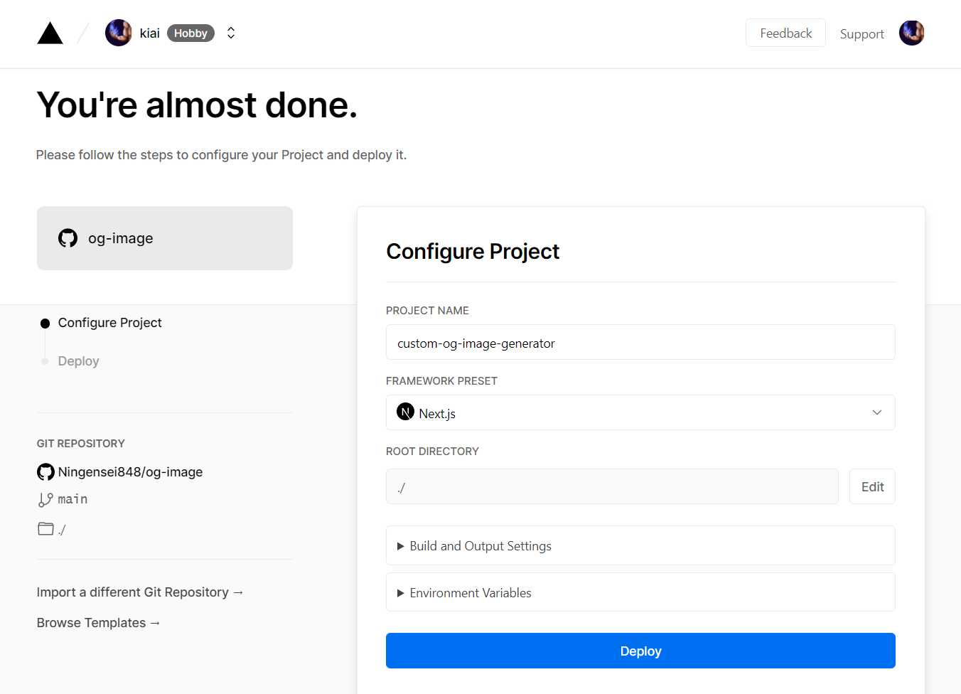 the configuration page for deploying to vercel