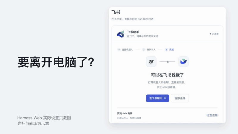 dsh-larkbot illustrated walkthrough (Feishu chat redrawn with demo data, not a screen recording): from the Harness settings page into a Feishu private chat that returns chart and form cards