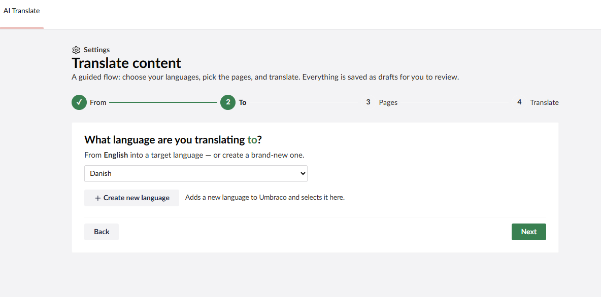 Step 2 – choose the target language or create a new one
