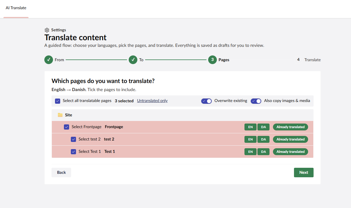 Step 3 – pick the pages to translate