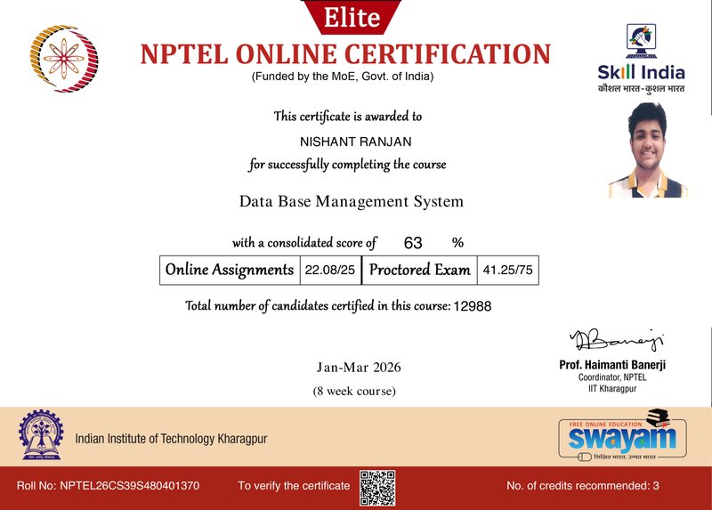 NPTEL DBMS Elite Certificate