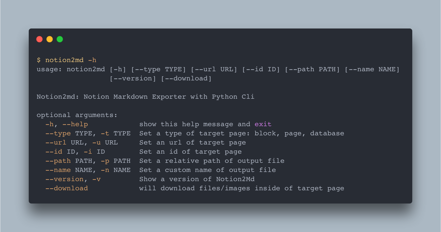 Terminal output of the notion2md -h command