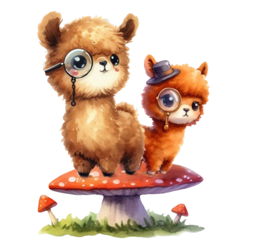 An illustration of two adorable alpacas, one brown and the other orange, standing on a large red and white mushroom. The brown alpaca is wearing a monocle and the orange one is sporting a small hat. The mushroom is surrounded by grass and smaller mushrooms at the base.