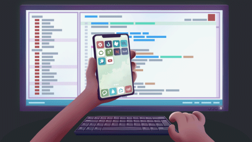 Someone is typing in with their right hand on a keyboard in front of a computer monitor while holding a smartphone.