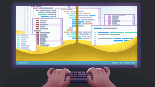 Hands are typing on a keyboard in front of a computer monitor.