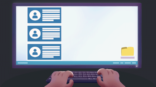 Someone is putting user information in a folder. A little person shows up on the screen, offering money.