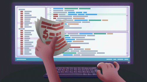 Someone is holding a contract while looking at a computer monitor where a monster appears behind the code in the text editor.