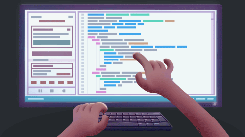 Someone is working on their computer, scrolling the monitor to find broken code.